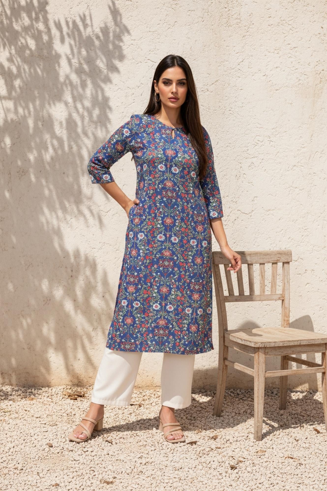 Blue Floral Print Straight Rayon Kurta