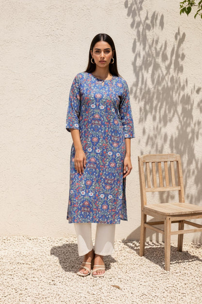 Blue Floral Print Straight Rayon Kurta