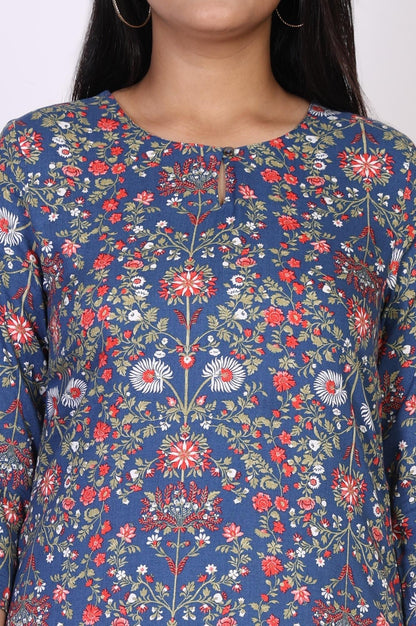 Blue Floral Print Straight Rayon Kurta