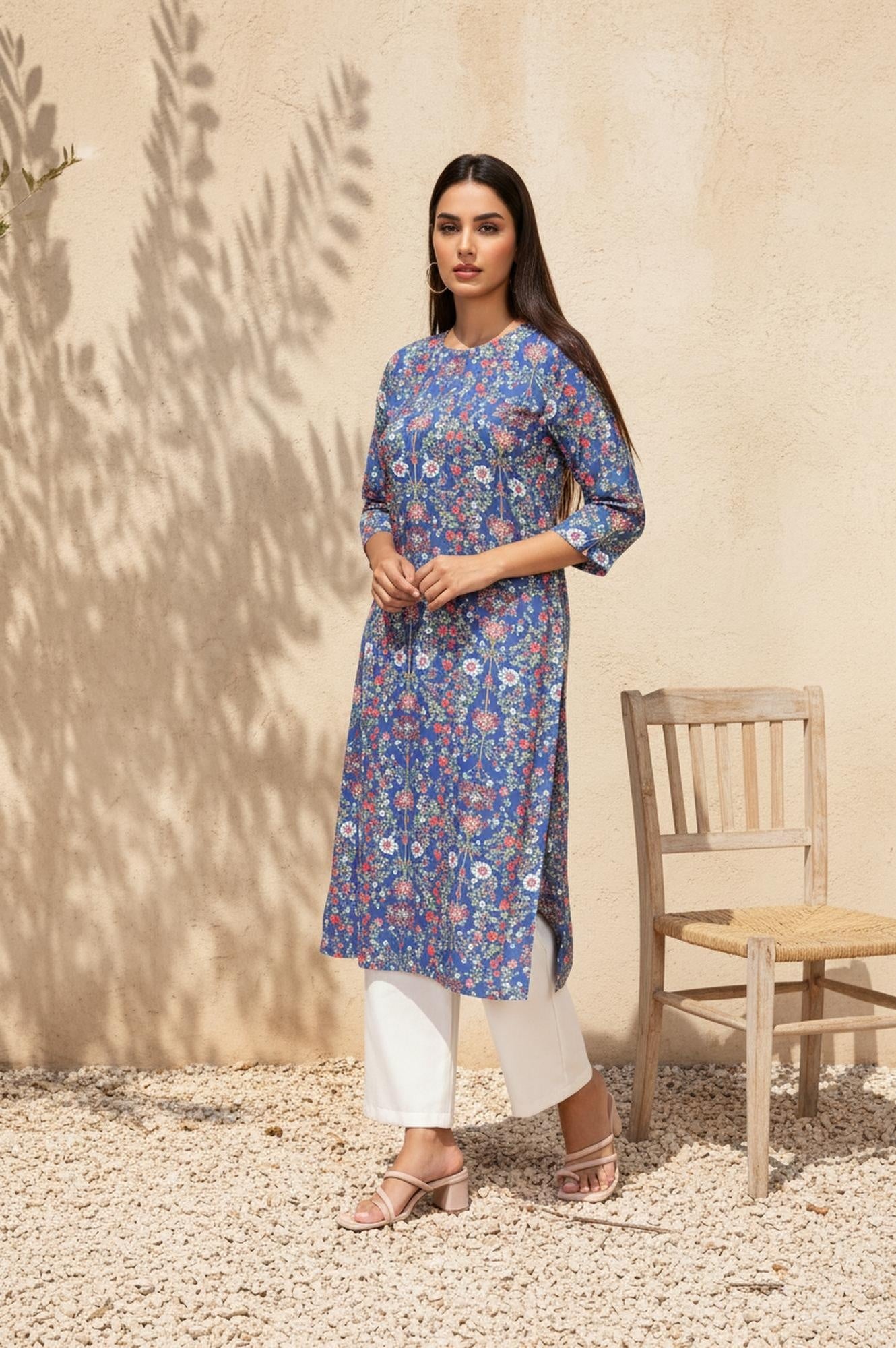 Blue Floral Print Straight Rayon Kurta
