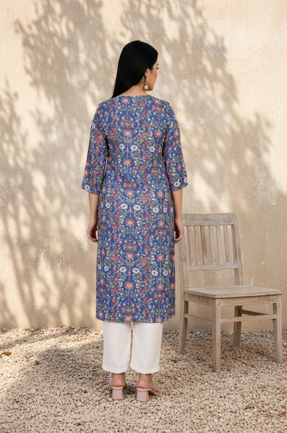 Blue Floral Print Straight Rayon Kurta
