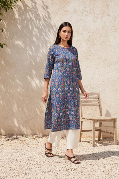 Blue Floral Print Straight Rayon Kurta