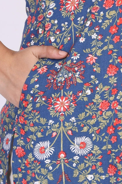 Blue Floral Print Straight Rayon Kurta