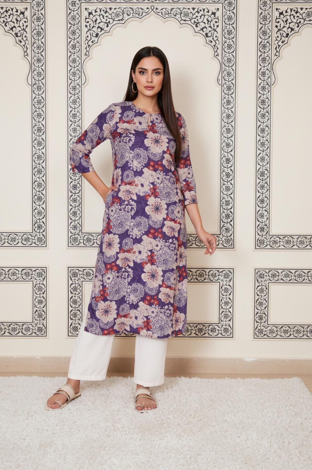 Purple Floral Straight Rayon Kurta
