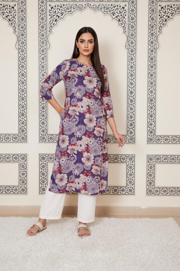 Purple Floral Straight Rayon Kurta