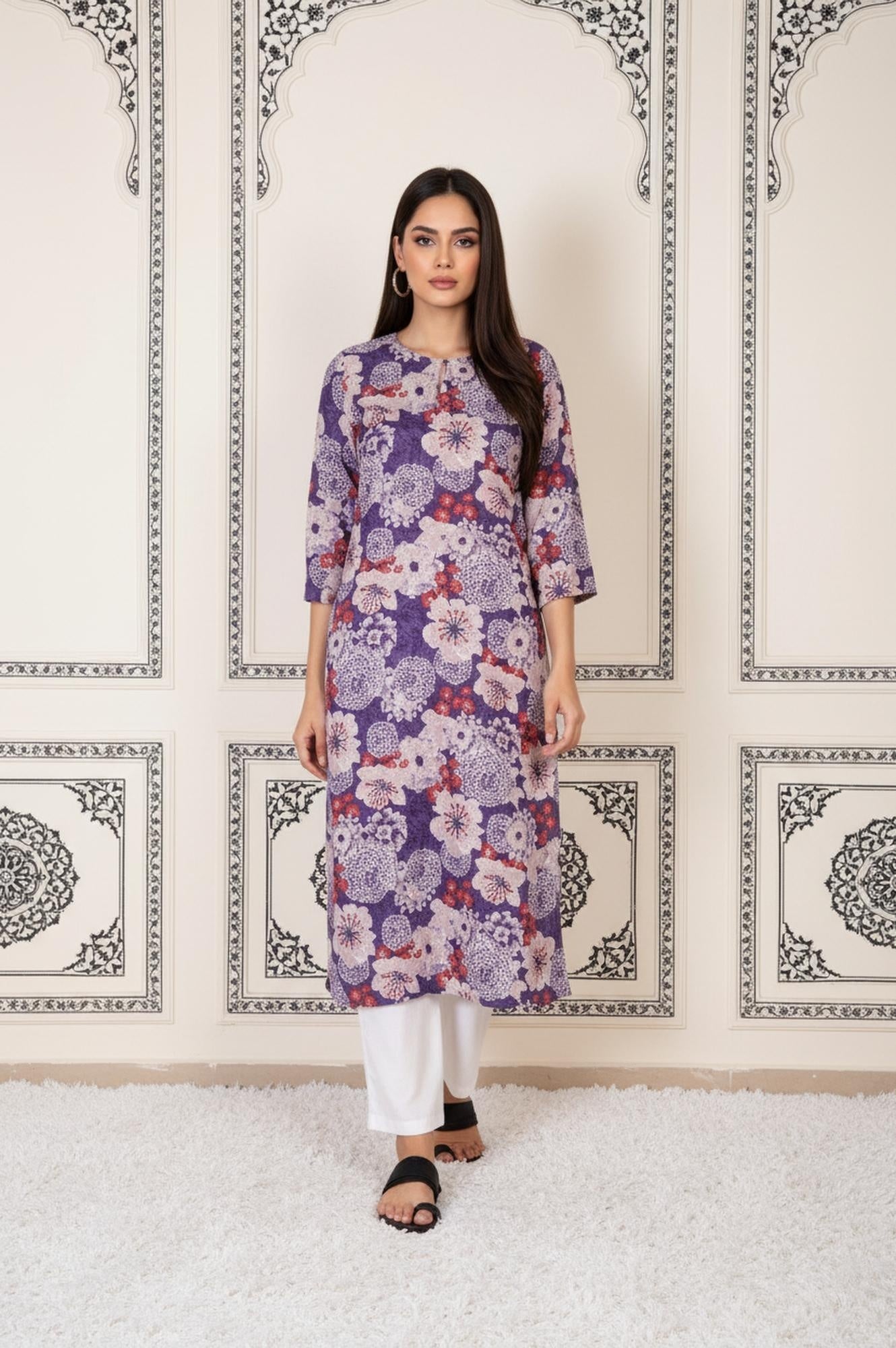 Purple Floral Straight Rayon Kurta