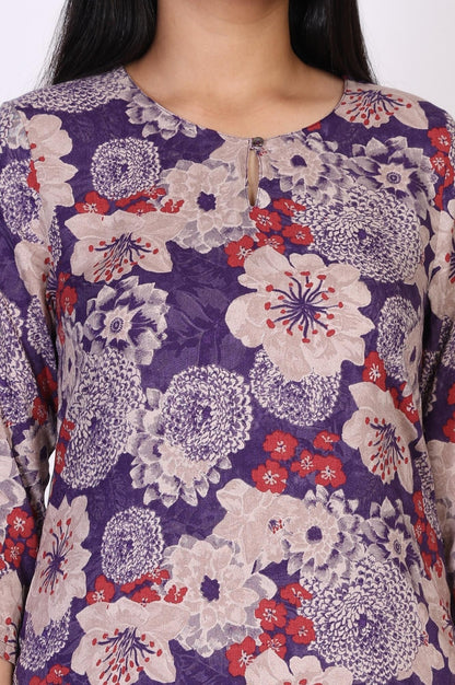 Purple Floral Straight Rayon Kurta