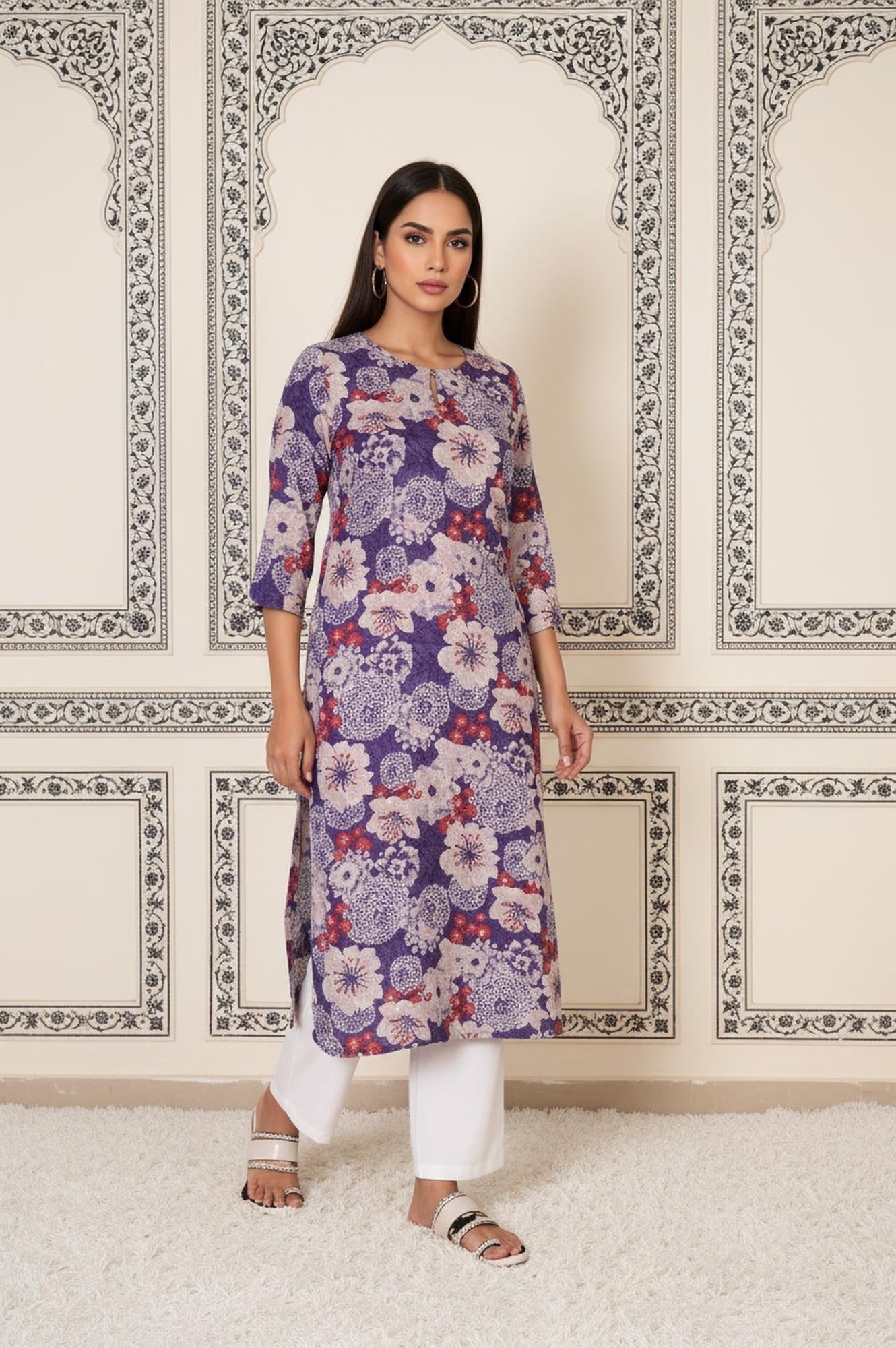 Purple Floral Straight Rayon Kurta