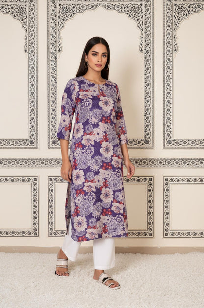 Purple Floral Straight Rayon Kurta