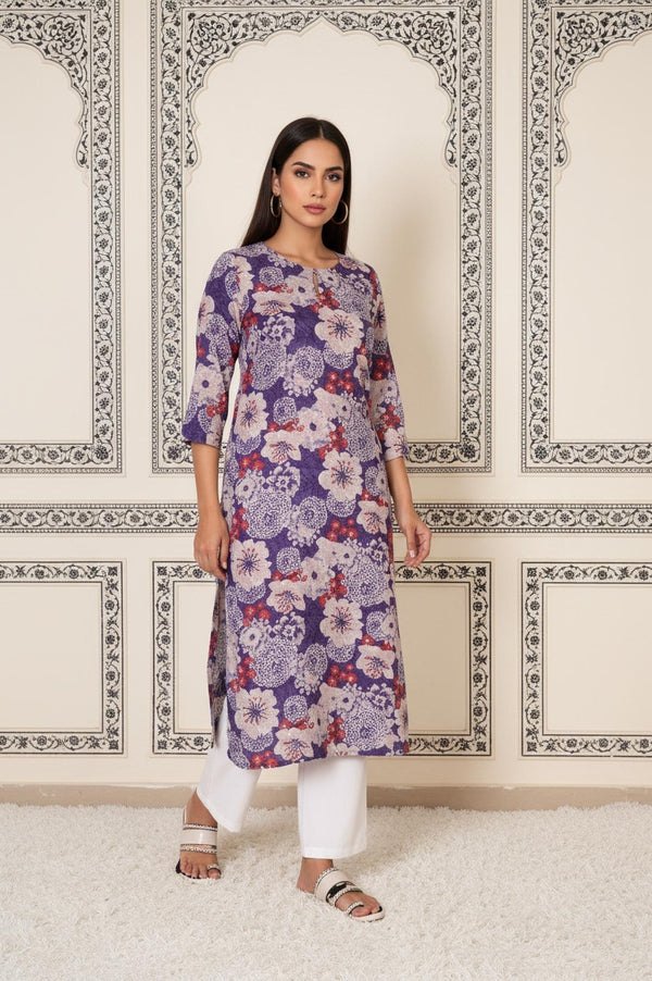 Purple Floral Straight Rayon Kurta