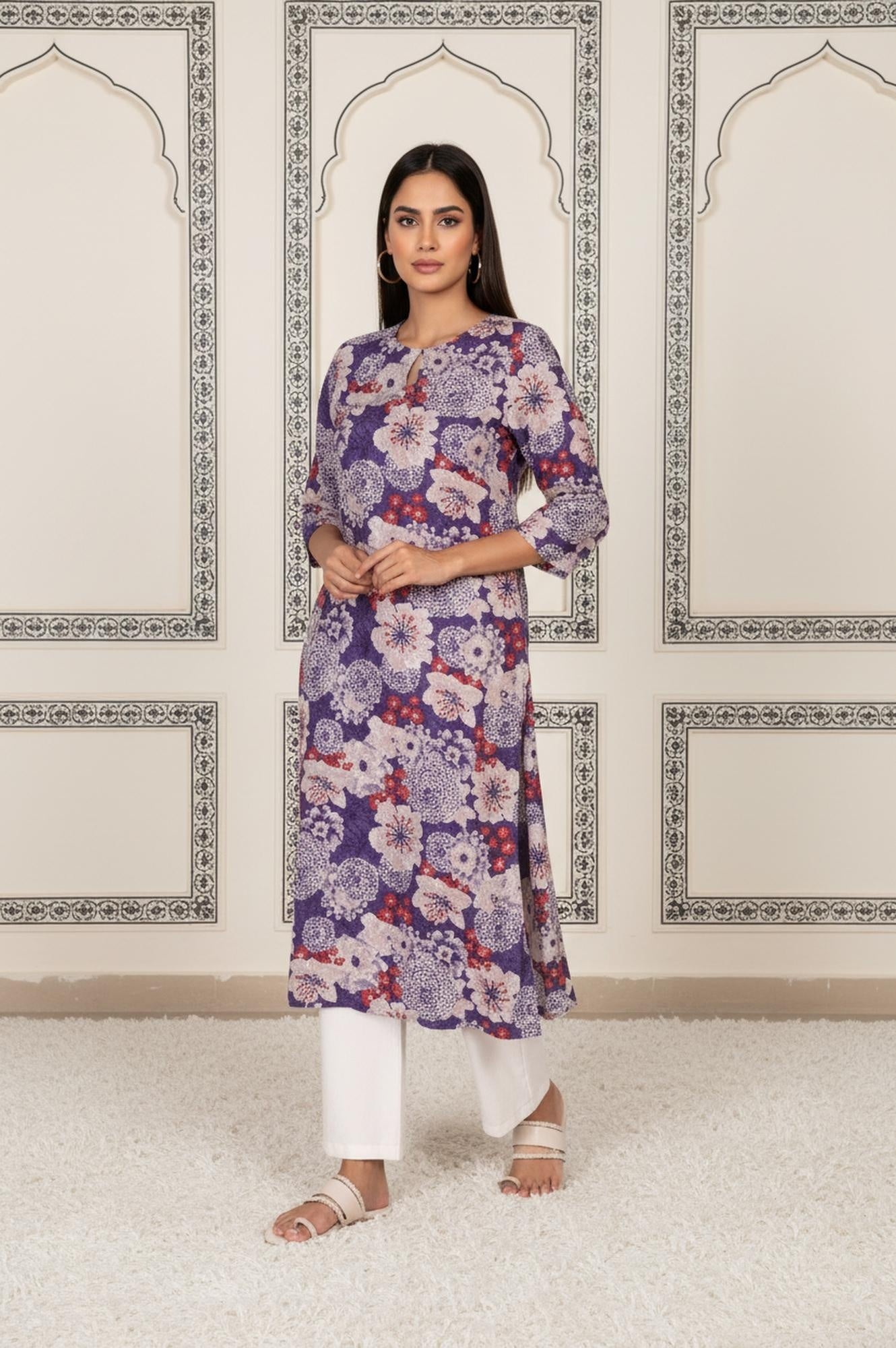 Purple Floral Straight Rayon Kurta