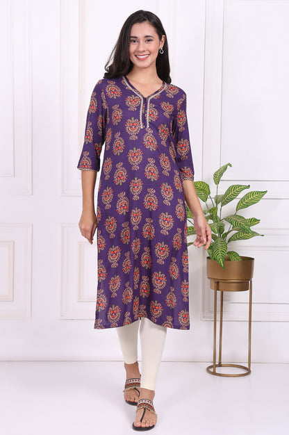 Purple Floral Printed Lace Rayon Straight Kurta