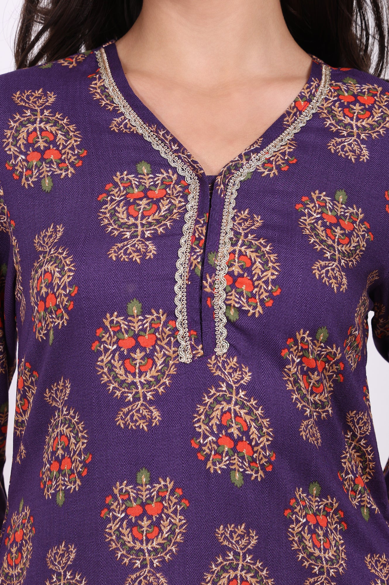 Purple Floral Printed Lace Rayon Straight Kurta