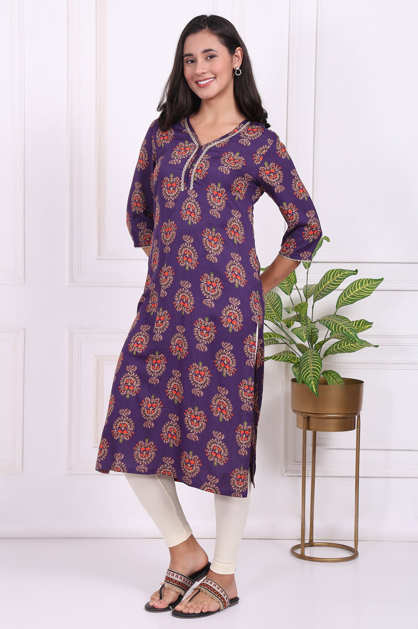 Purple Floral Printed Lace Rayon Straight Kurta
