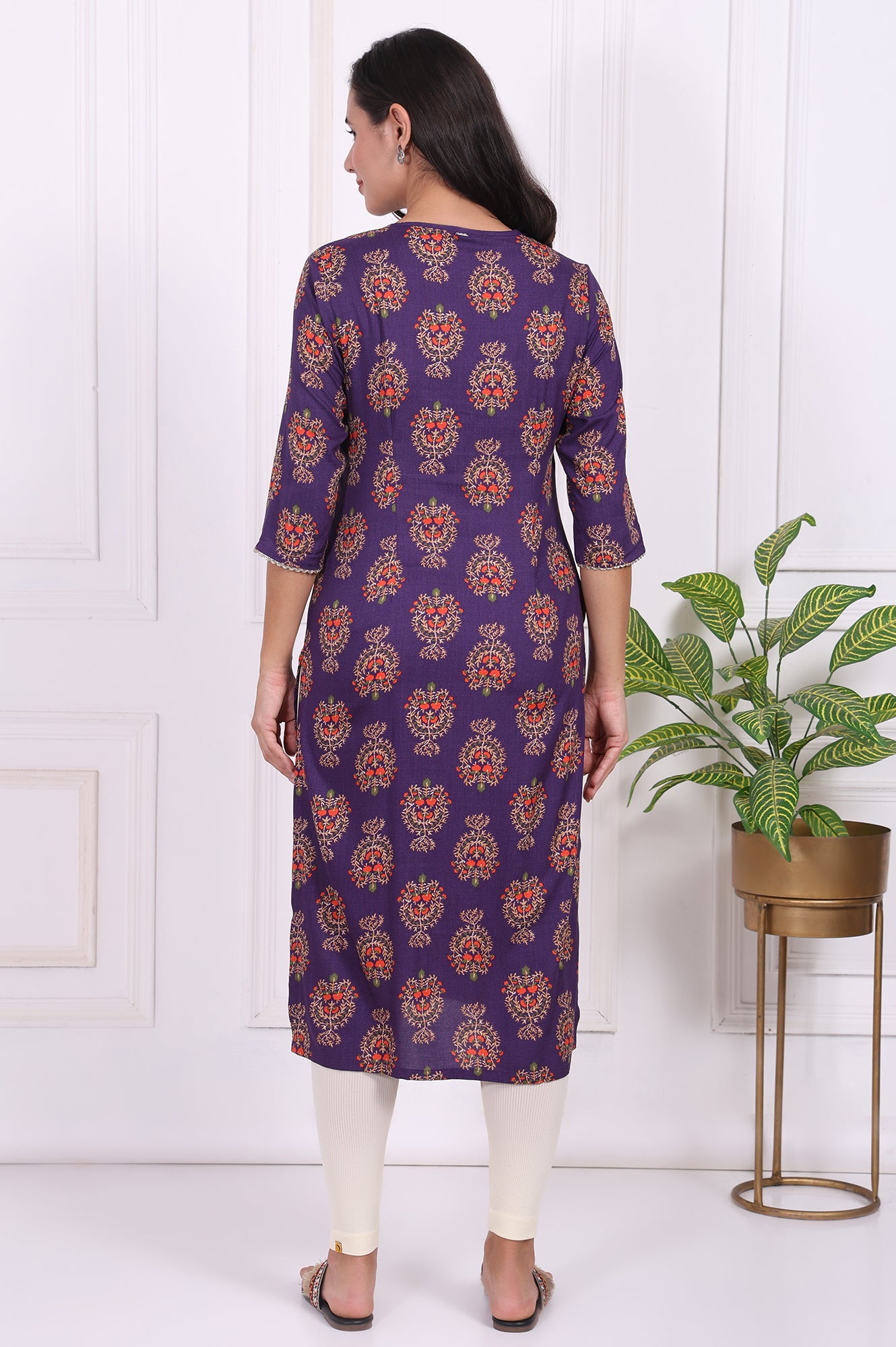 Purple Floral Printed Lace Rayon Straight Kurta