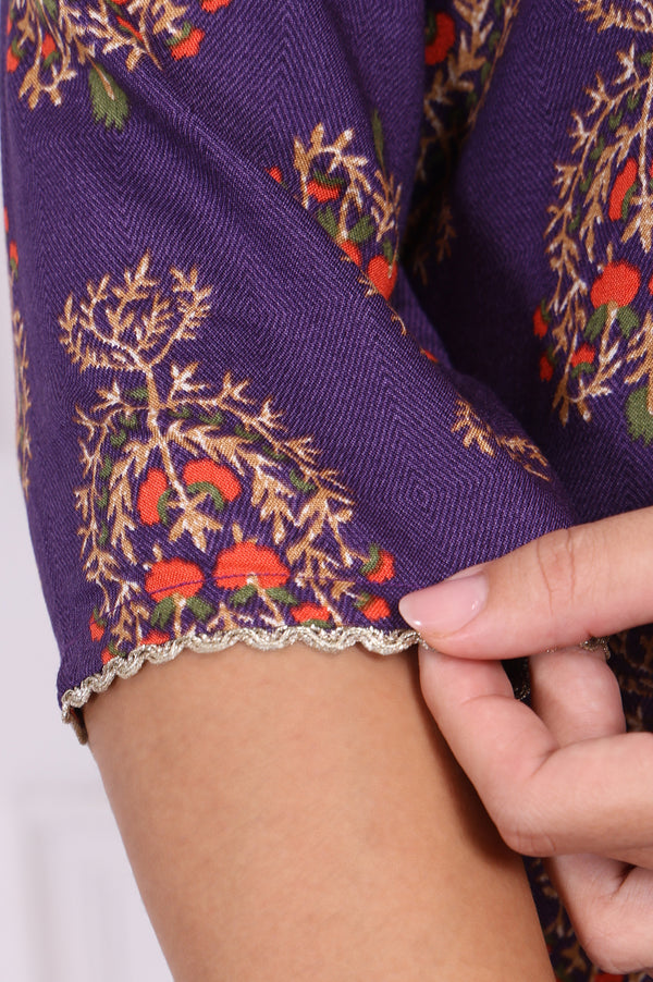 Purple Floral Printed Lace Rayon Straight Kurta