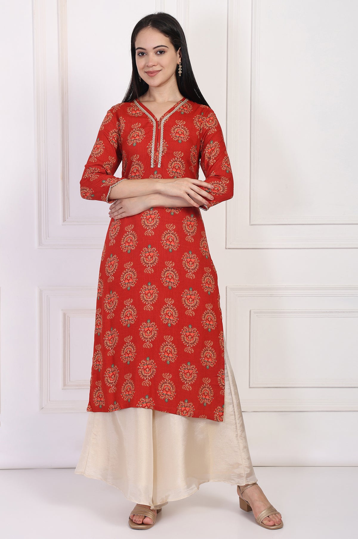 Red Floral Ethnic Printed Lace Trim Straight Rayon Kurta - XS
