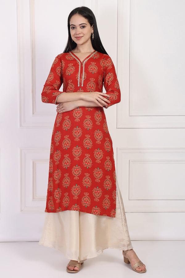 Red Floral Ethnic Printed Lace Trim Straight Rayon Kurta