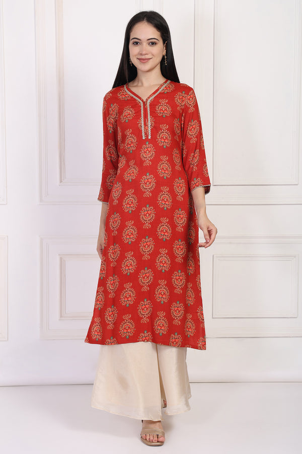 Red Floral Ethnic Printed Lace Trim Straight Rayon Kurta