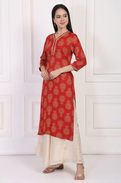 Red Floral Ethnic Printed Lace Trim Straight Rayon Kurta