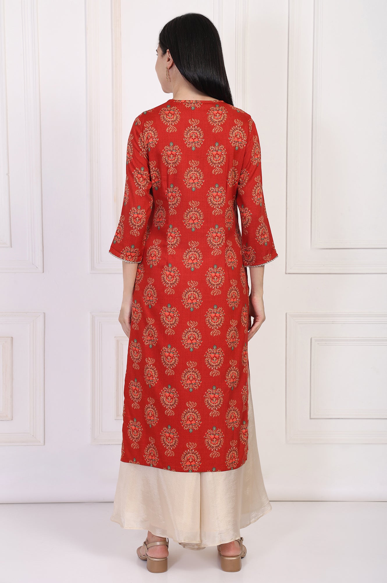 Red Floral Ethnic Printed Lace Trim Straight Rayon Kurta
