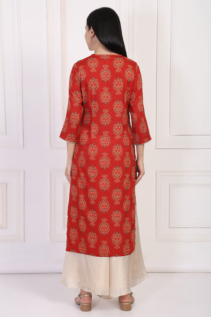 Red Floral Ethnic Printed Lace Trim Straight Rayon Kurta