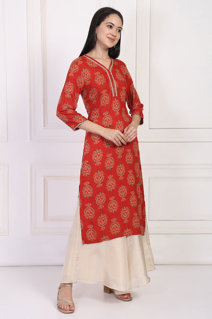 Red Floral Ethnic Printed Lace Trim Straight Rayon Kurta
