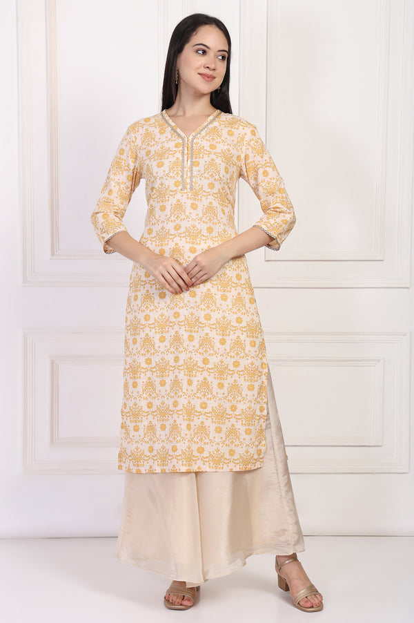 Cream Ethnic Damask Printed Lace Trim Straight Rayon Kurta