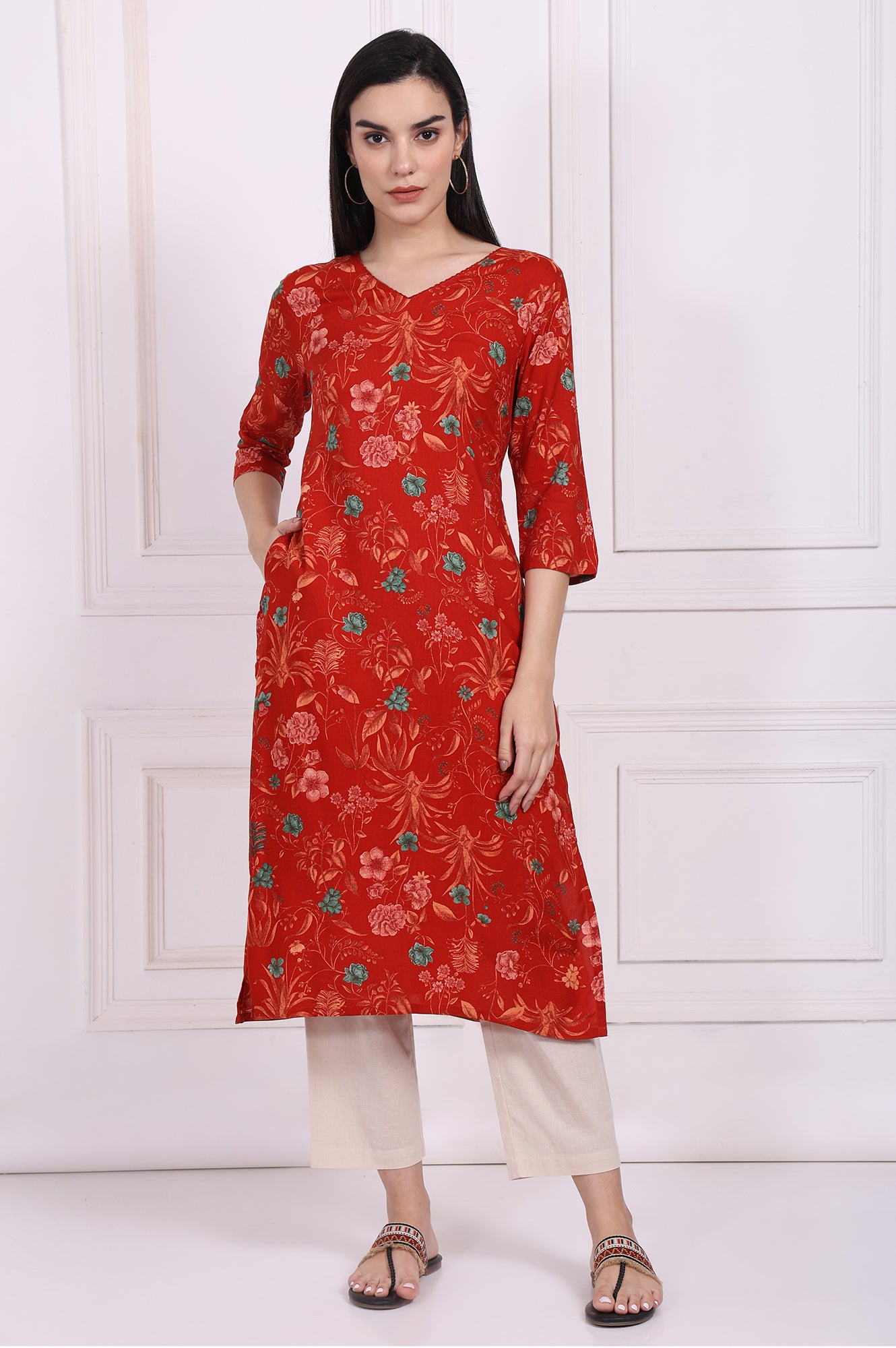 Red Floral Straight Rayon Kurta