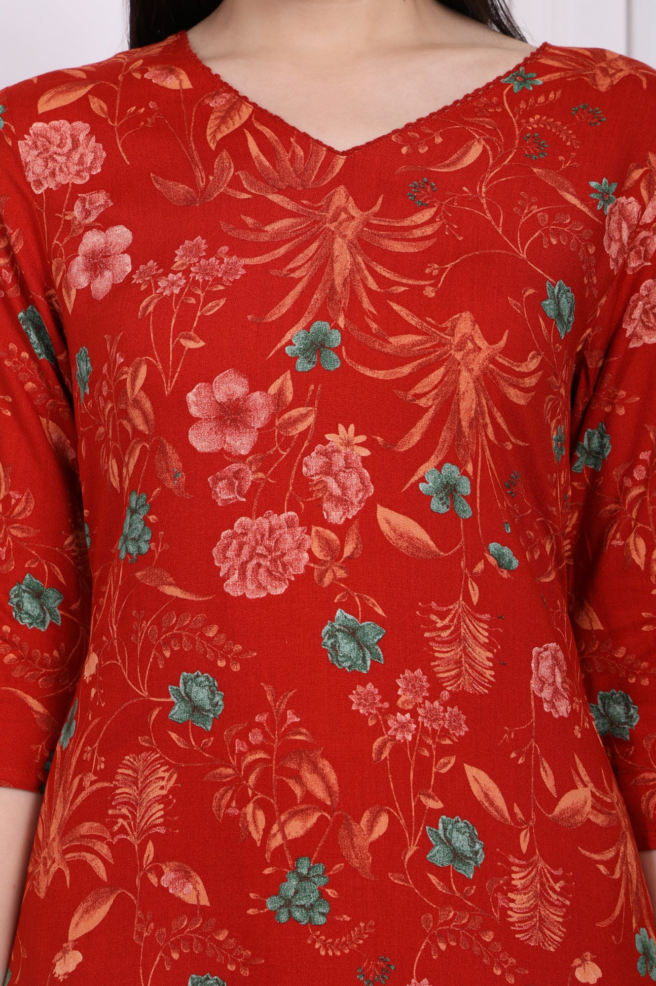 Red Floral Straight Rayon Kurta