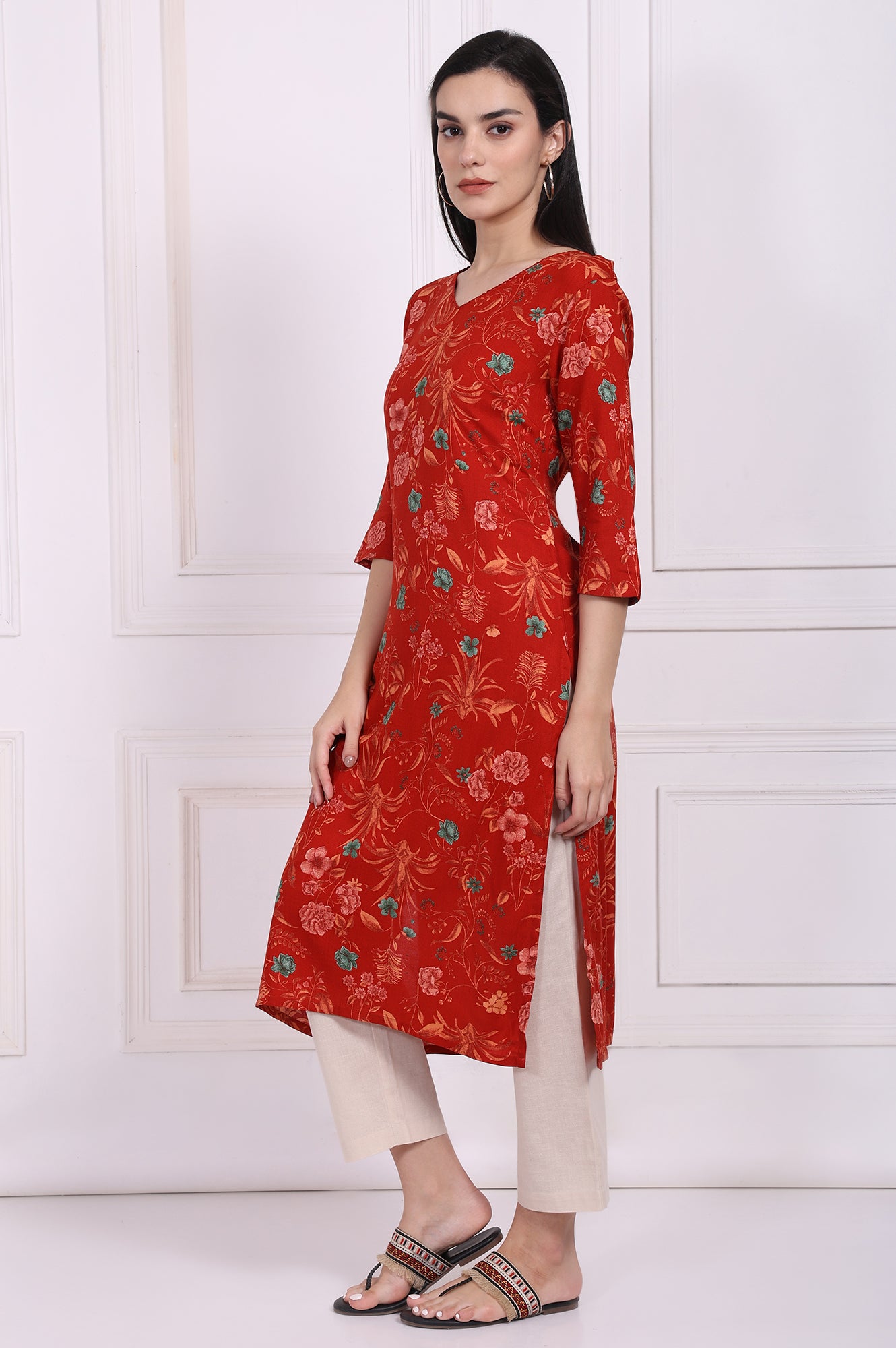 Red Floral Straight Rayon Kurta