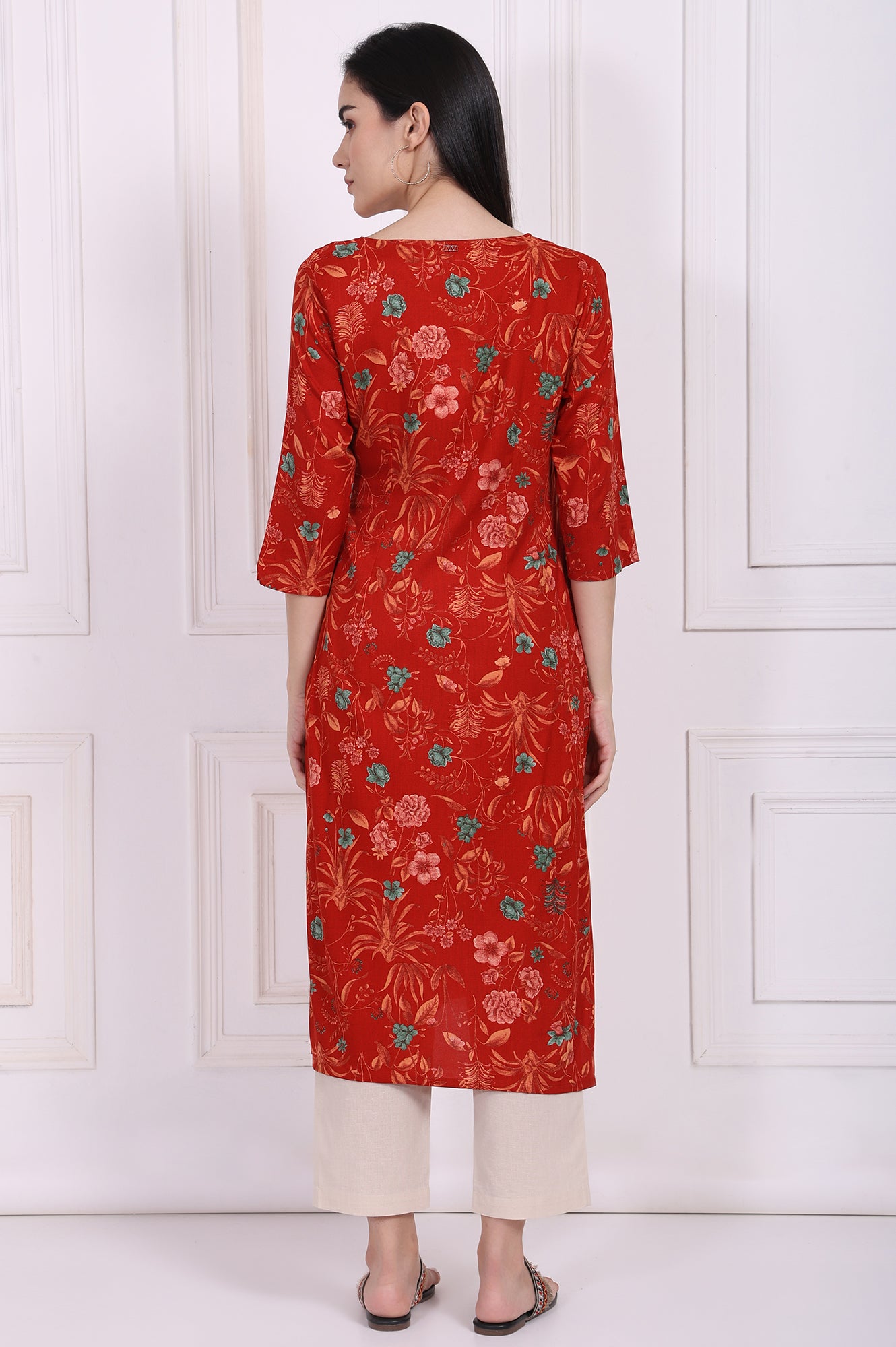 Red Floral Straight Rayon Kurta