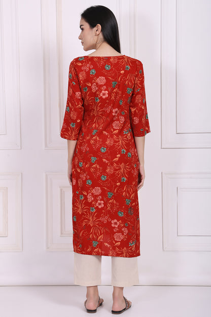Red Floral Straight Rayon Kurta