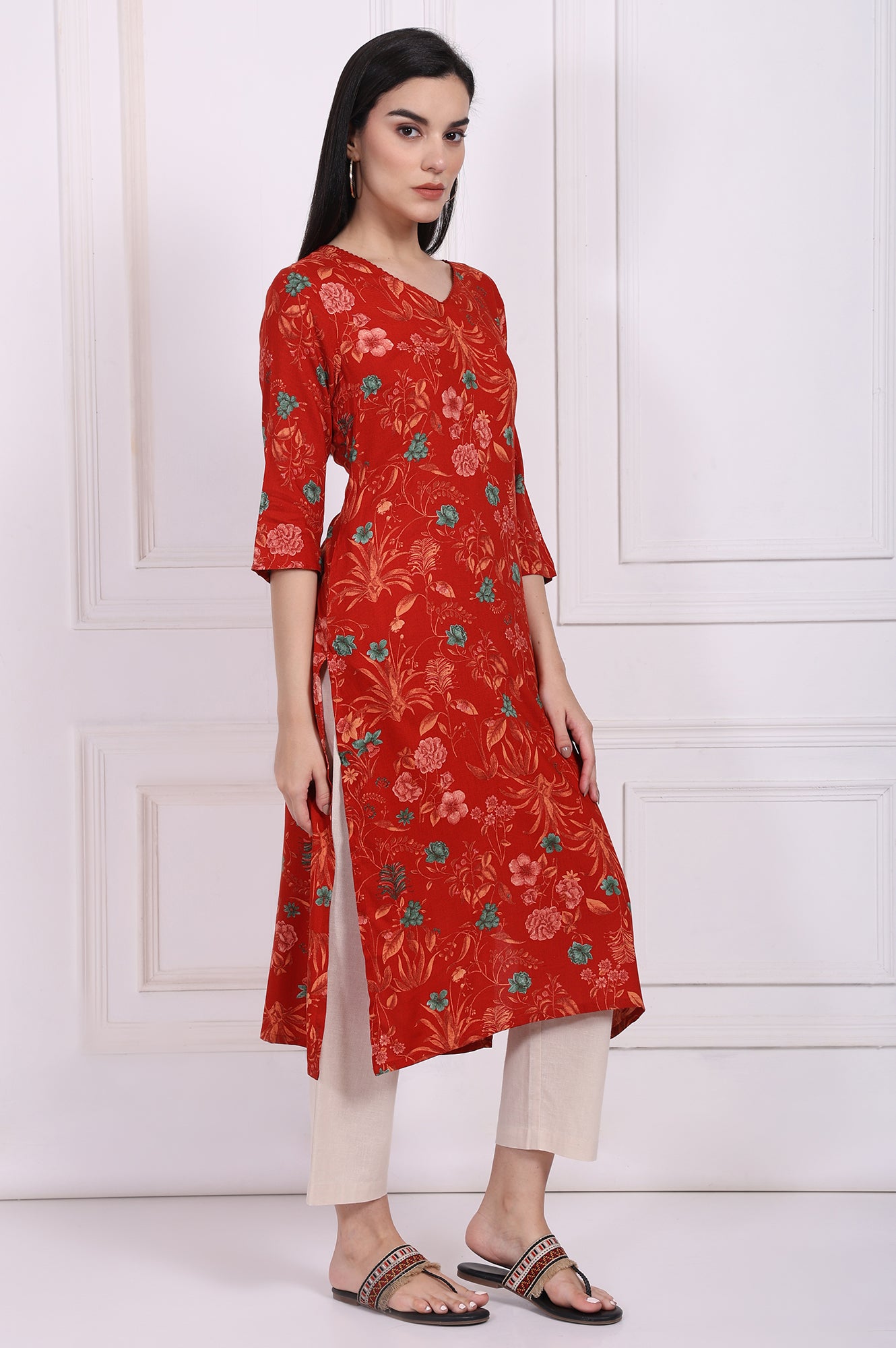 Red Floral Straight Rayon Kurta