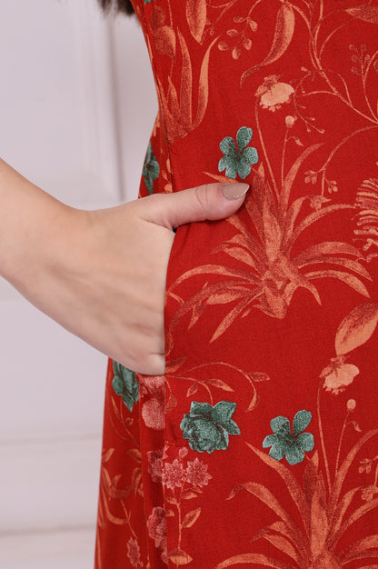 Red Floral Straight Rayon Kurta
