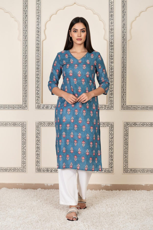 Blue Floral Printed Straight Cotton Kurta