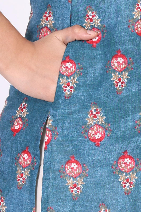 Blue Floral Printed Straight Cotton Kurta