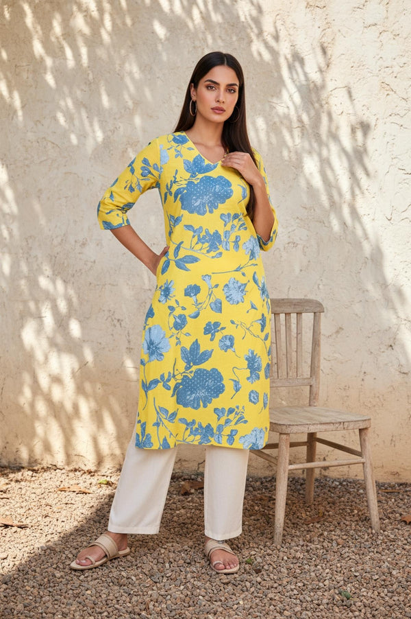 Yellow Floral Printed Straight Cotton Kurta