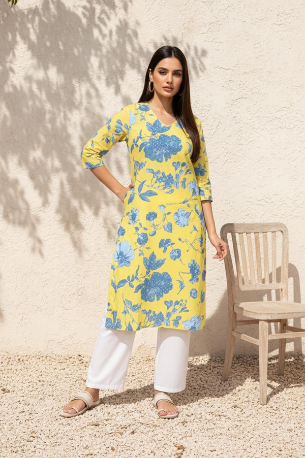 Yellow Floral Printed Straight Cotton Kurta