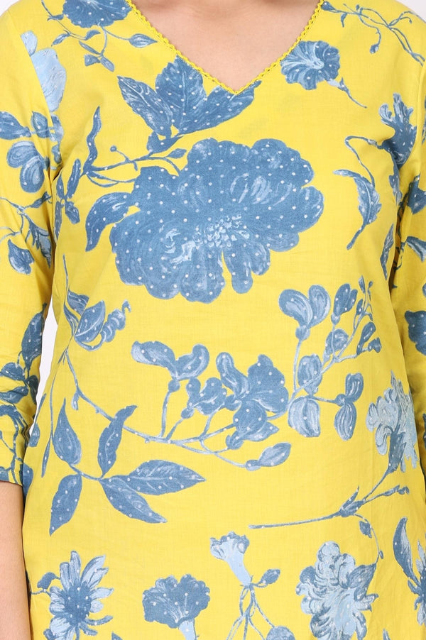 Yellow Floral Printed Straight Cotton Kurta