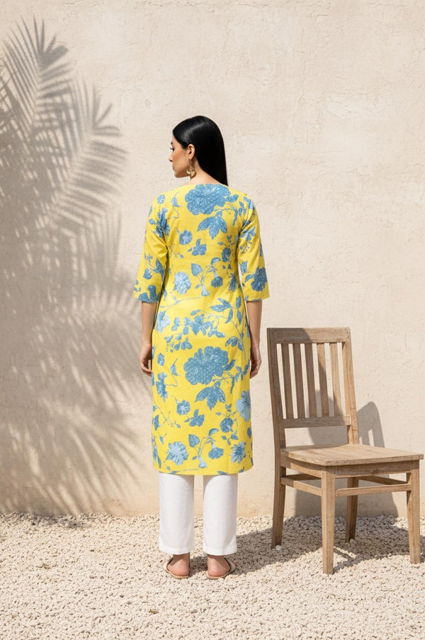 Yellow Floral Printed Straight Cotton Kurta