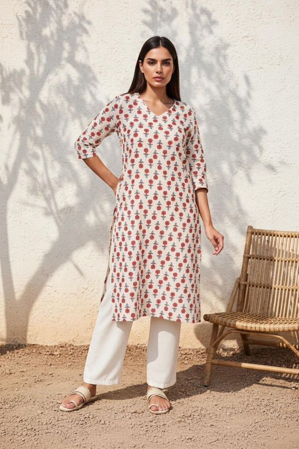 Beige Floral Straight Cotton Kurta