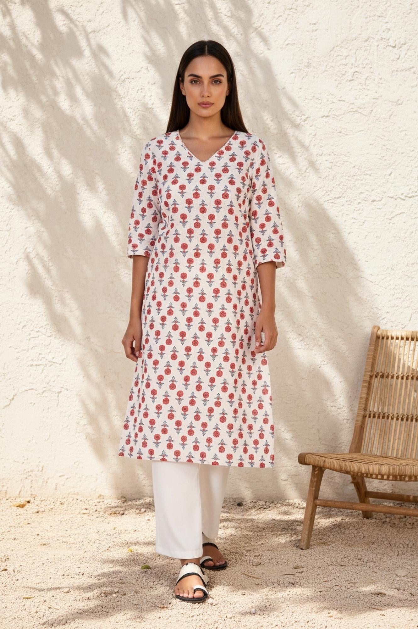 Beige Floral Straight Cotton Kurta