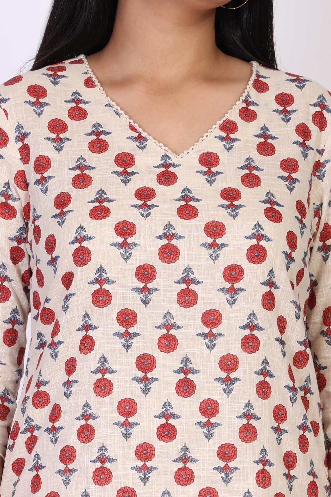 Beige Floral Straight Cotton Kurta