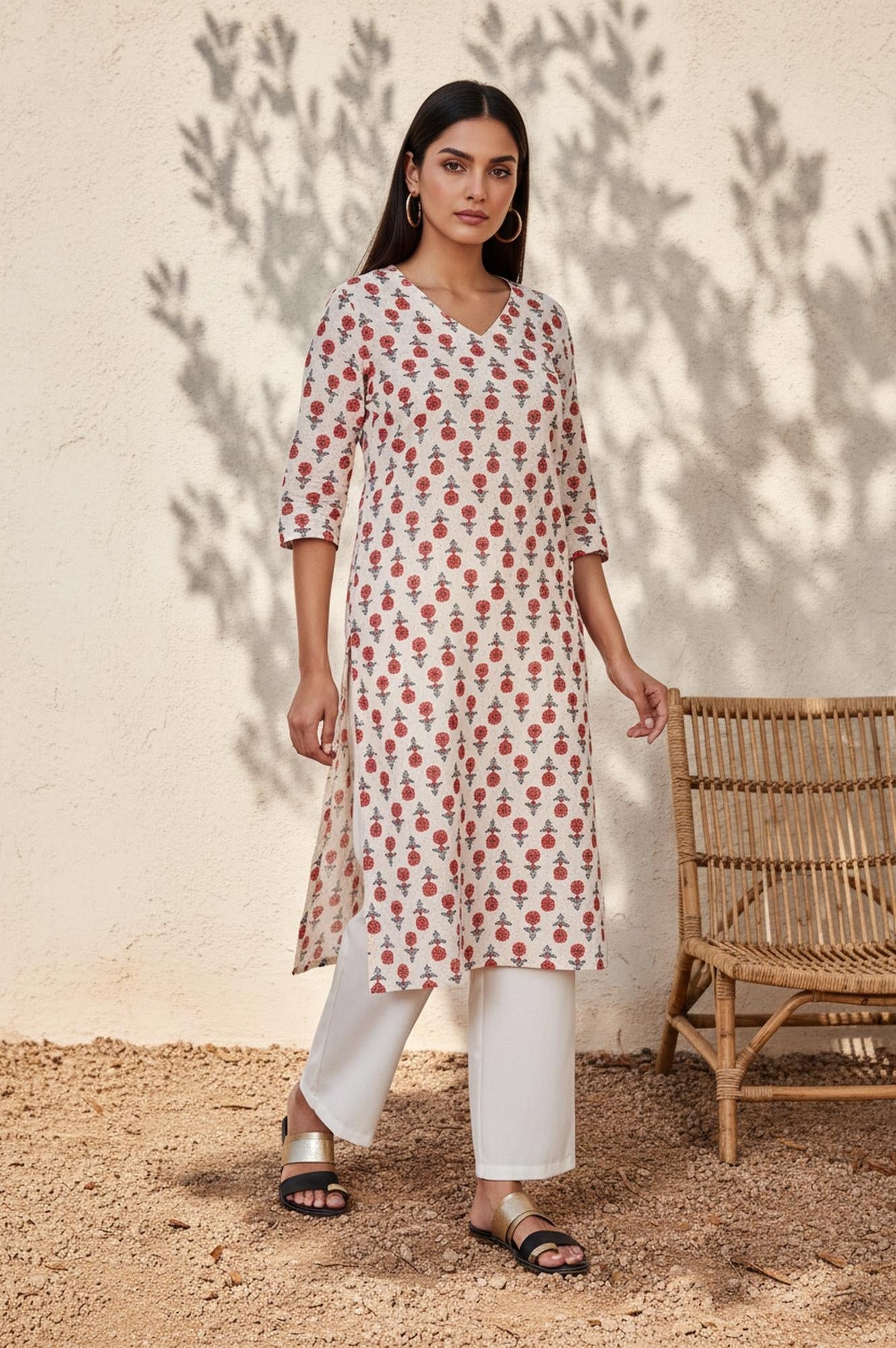 Beige Floral Straight Cotton Kurta