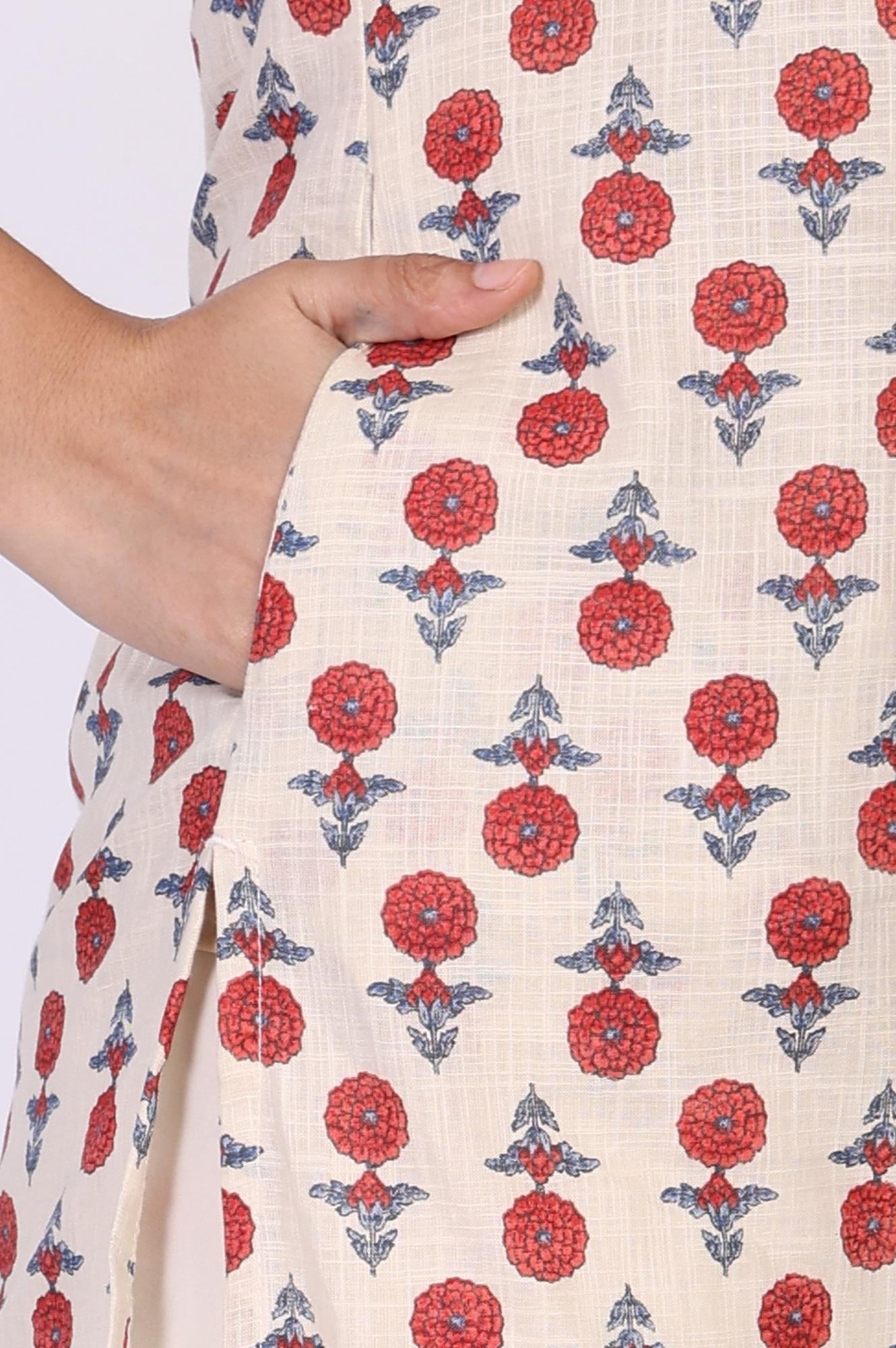 Beige Floral Straight Cotton Kurta