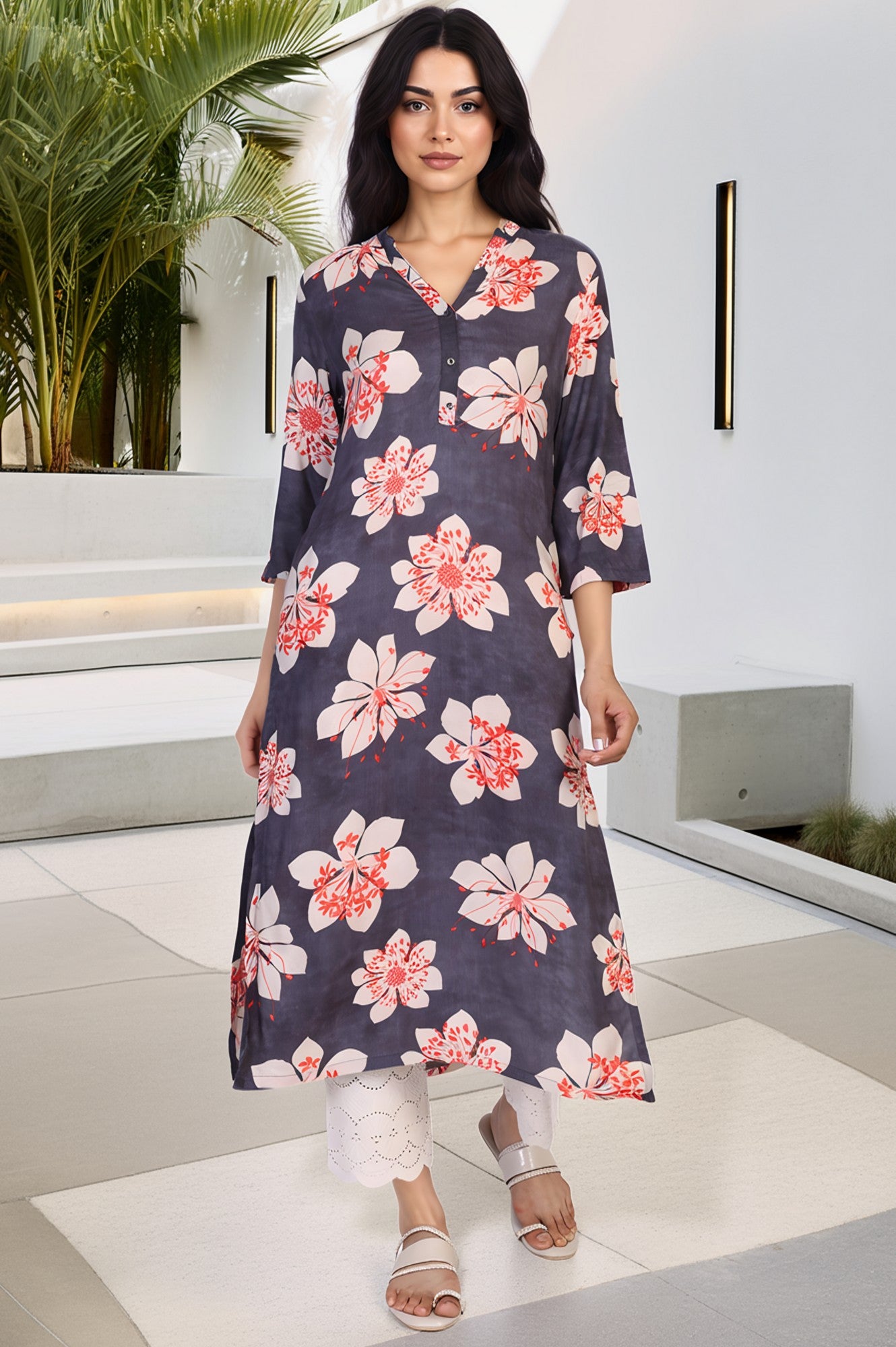 Black Floral Print Thread Work Straight Rayon Kurta