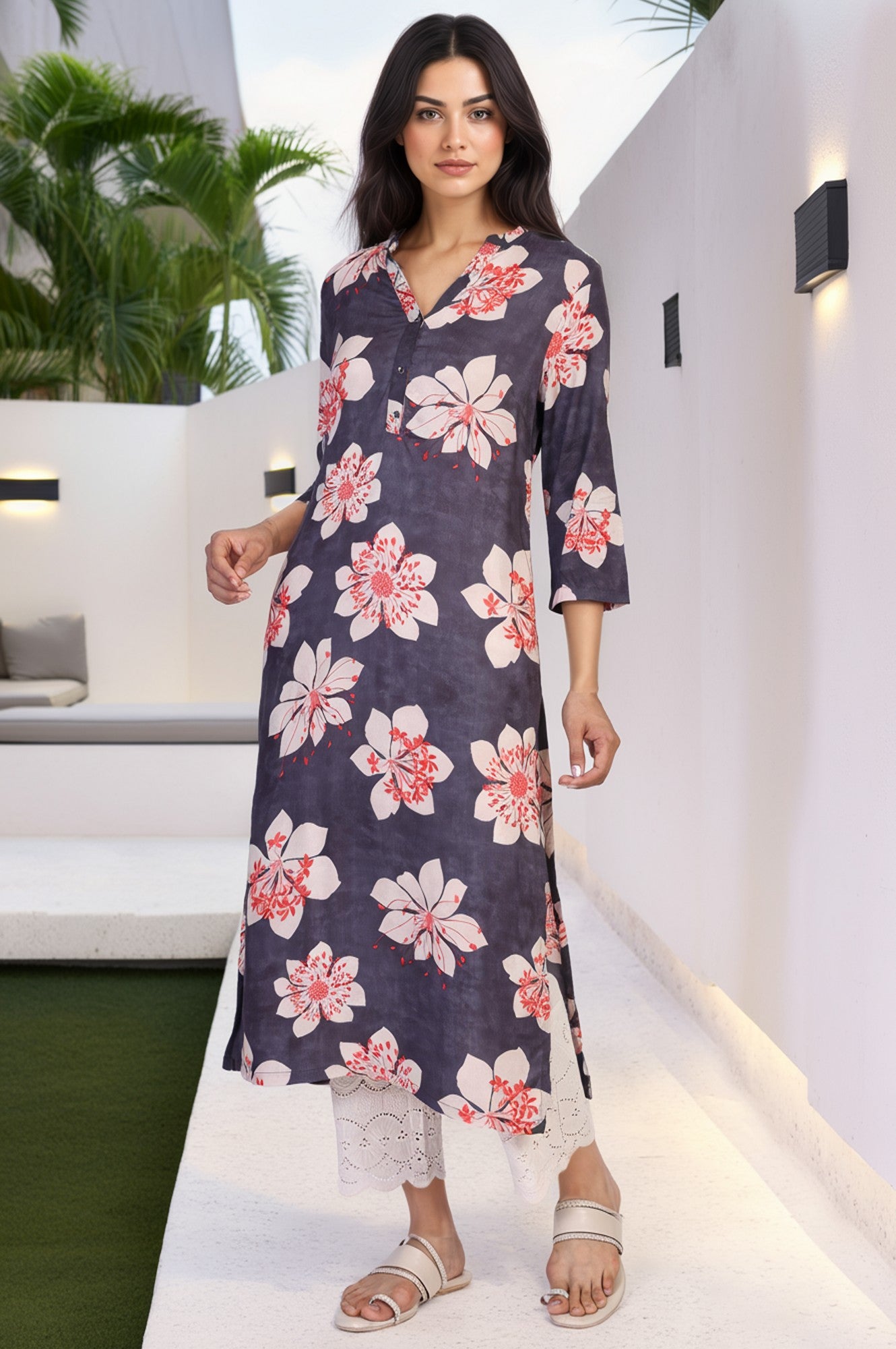 Black Floral Print Thread Work Straight Rayon Kurta