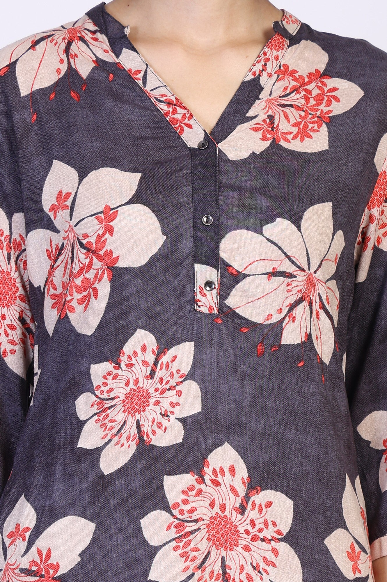 Black Floral Print Thread Work Straight Rayon Kurta
