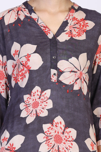 Black Floral Print Thread Work Straight Rayon Kurta